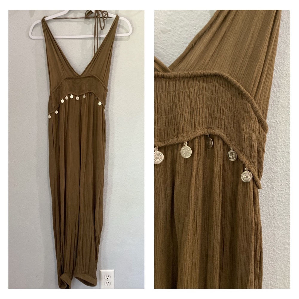 Earthbound Boho Jumpsuit Olive Halter Smocked Waist Coin Trim